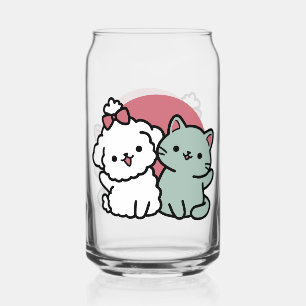 Cute Cat & Dog 'Fur-Real Friends Forever' Design Can Glass