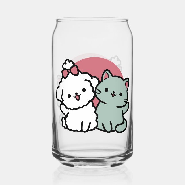Cute Cat & Dog 'Fur-Real Friends Forever' Design Can Glass (Front)