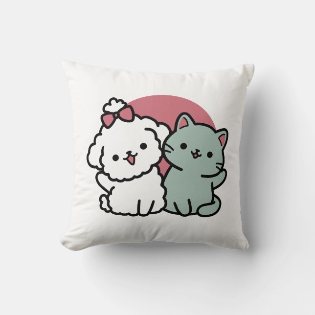 Cute Cat & Dog 'Fur-Real Friends Forever' Design Cushion (Front)