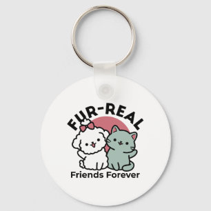 Cute Cat & Dog 'Fur-Real Friends Forever' Design Key Ring