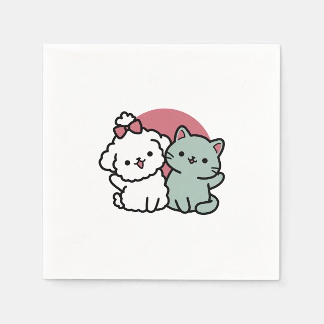 Cute Cat & Dog 'Fur-Real Friends Forever' Design Napkin (Front)