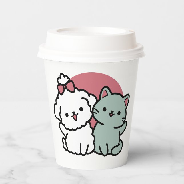 Cute Cat & Dog 'Fur-Real Friends Forever' Design Paper Cups (Front)
