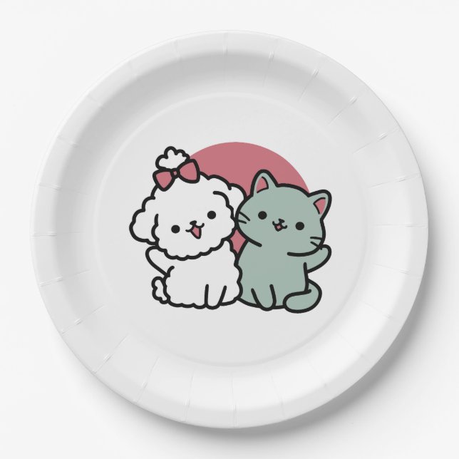 Cute Cat & Dog 'Fur-Real Friends Forever' Design Paper Plate (Front)