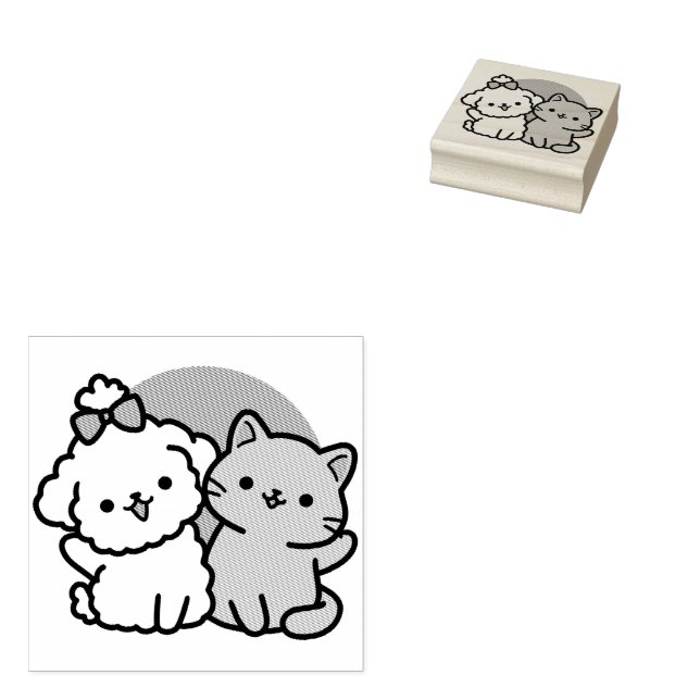 Cute Cat & Dog 'Fur-Real Friends Forever' Design Rubber Stamp (Stamped)