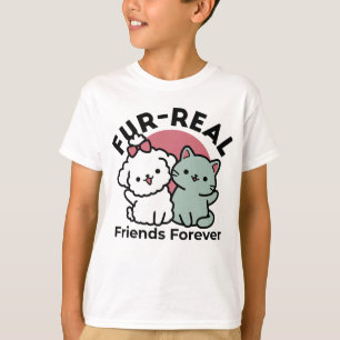 Cute Cat & Dog 'Fur-Real Friends Forever' Design T-Shirt