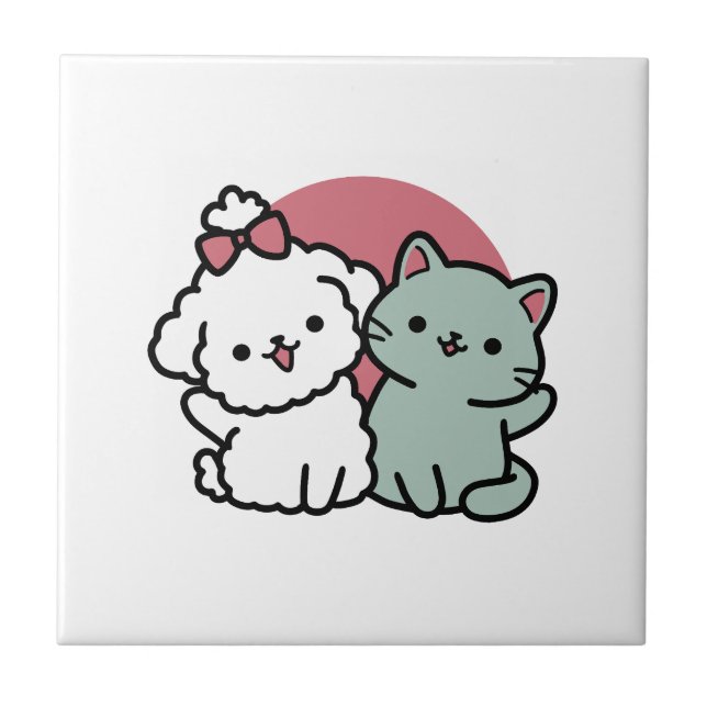 Cute Cat & Dog 'Fur-Real Friends Forever' Design Tile (Front)