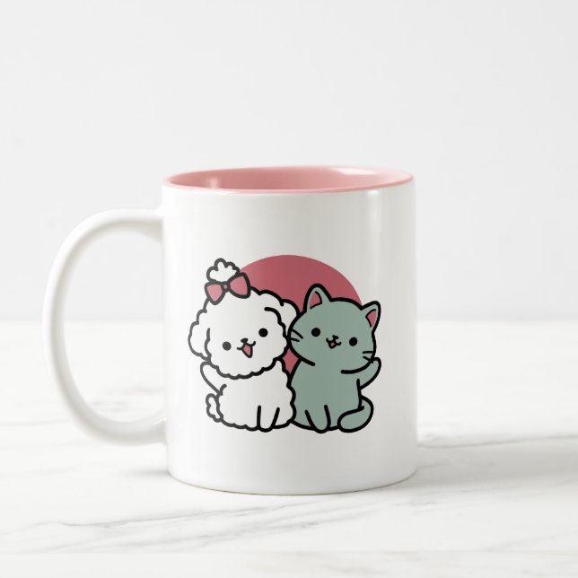 Cute Cat & Dog 'Fur-Real Friends Forever' Design Two-Tone Coffee Mug (Left)