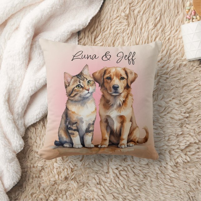 Cute Cat & Dog Watercolor Cushion (Blanket)