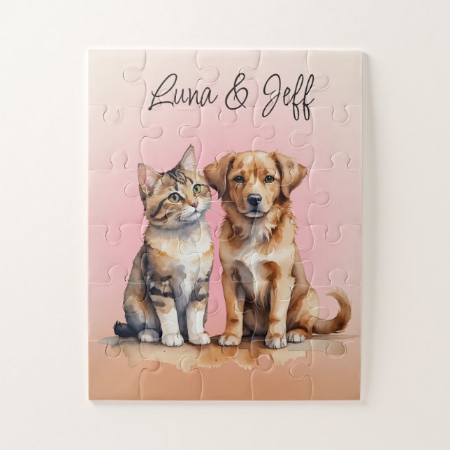 Cute Cat & Dog Watercolor Jigsaw Puzzle (Vertical)