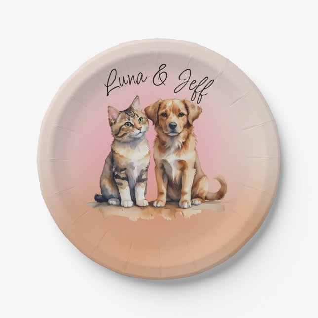 Cute Cat & Dog Watercolor Paper Plate (Front)