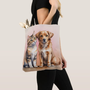 Cute Cat & Dog Watercolor Tote Bag