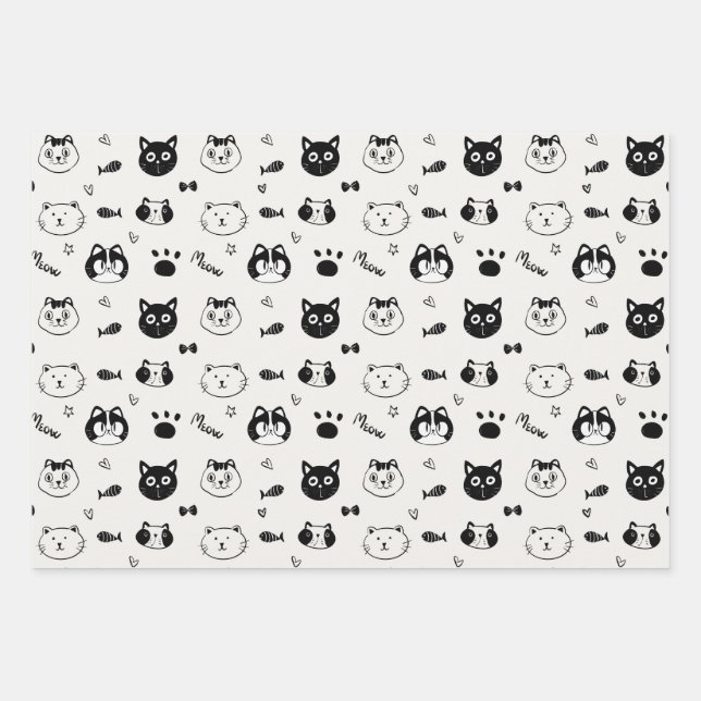 Cute Cat Doodle Pattern – Black and White Cat Face Wrapping Paper Sheet (Front)