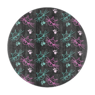 Cute Cat Doodles Pink Teal Pet Black Cutting Board