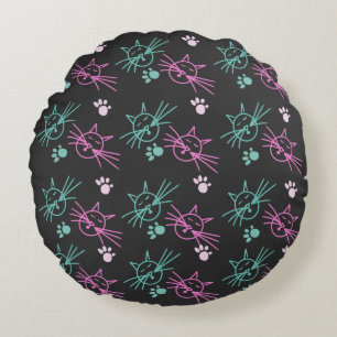 Cute Cat Doodles Pink Teal Pet Black Round Cushion