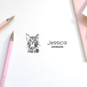 Cute Cat Drawing Custom Name Kids Signature Self-inking Stamp