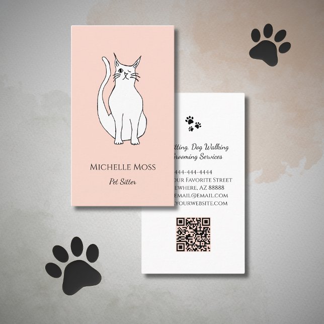 Cute Cat Drawing QR code Pet Sitter Pink Business Card (Creator Uploaded)