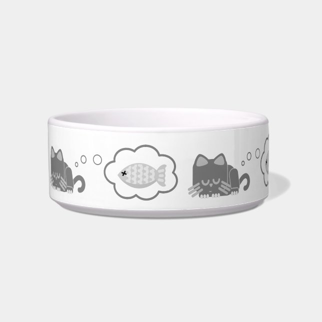 Cute Cat Dreaming of Fish Fun Illustrated Bowl (Left)
