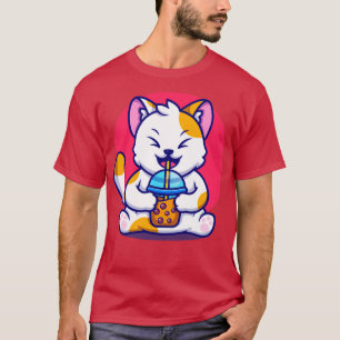 Cute Cat Drink Boba Milk Tea Cartoon T-Shirt