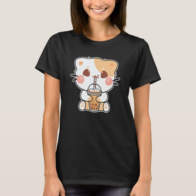 Cute Cat Drinking Boba T-Shirt (Front)