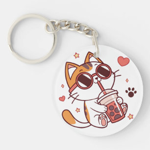 Cute Cat Drinking Boba Tea – Kawaii Accessory Key Ring