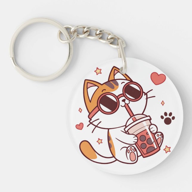 Cute Cat Drinking Boba Tea – Kawaii Accessory Key Ring (Front)