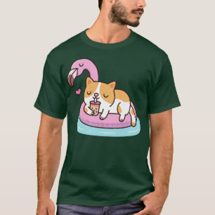 Cute Cat Drinking Bubble Tea And g On Flamingo Poo T-Shirt