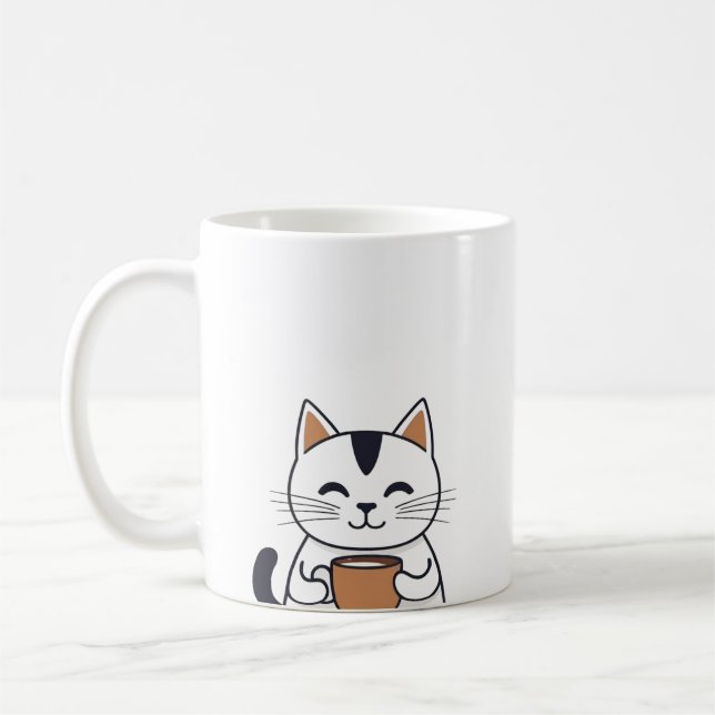 Cute Cat Drinking Coffee Coffee Mug (Left)