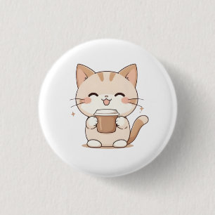 Cute Cat Drinking Coffee Kawaii Design 3 Cm Round Badge
