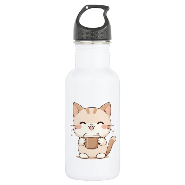 Cute Cat Drinking Coffee Kawaii Design 532 Ml Water Bottle (Front)