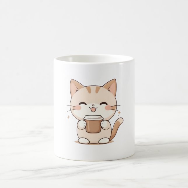 Cute Cat Drinking Coffee Kawaii Design Mug (Center)