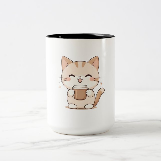 Cute Cat Drinking Coffee Kawaii Design Two-Tone Coffee Mug (Center)