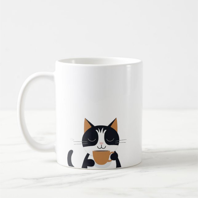 Cute Cat Drinking Coffee Mug (Left)
