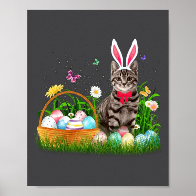 Cute Cat Easter Day Bunny Eggs Poster (Front)