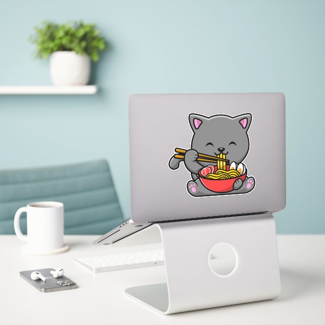 Cute Cat Eat Ramen (Laptop On Desk)