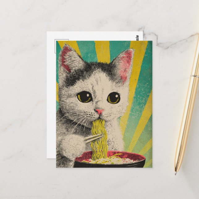 Cute Cat Eating a Bowl of Noodles Postcard (Front/Back In Situ)