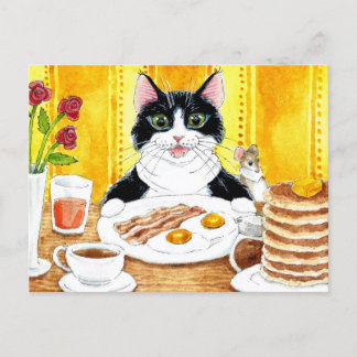 Cute cat eating breakfast postcard