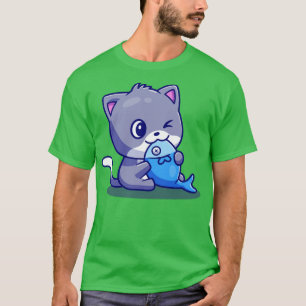 Cute Cat Eating Fish Cartoon2 T-Shirt