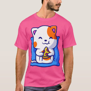Cute Cat Eating Pizza on Pillow Cartoon T-Shirt