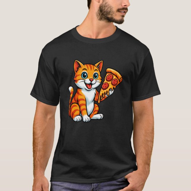 Cute Cat Eating Pizza T-Shirt (Front)