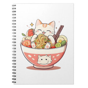 Cute Cat Eating Ramen Bowl Kawaii Design Notebook