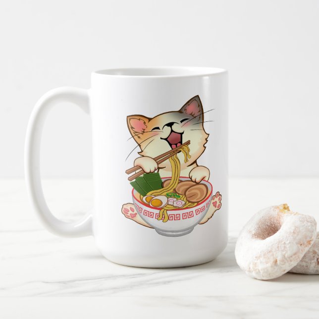 Cute Cat Eating Ramen Funny cartoon Anime kitty Coffee Mug (With Donut)