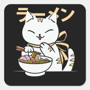 Cute Cat Eating Ramen   Gift for Cat & Ramen Lover Square Sticker