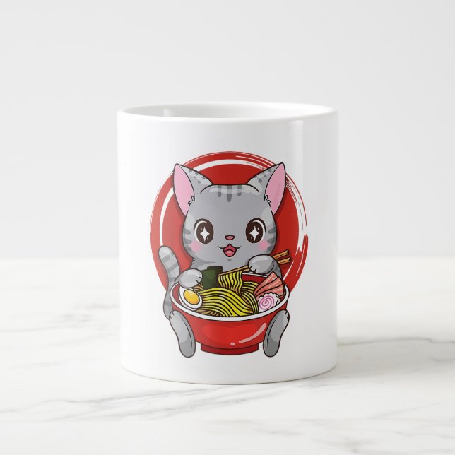Cute Cat Eating Ramen Japanese Food Cat Lover Large Coffee Mug (Front)
