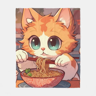 Cute Cat Eating Ramen Noodles Fleece Blanket