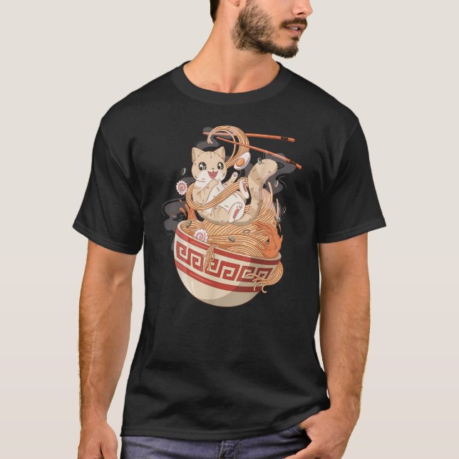 Cute Cat eating Ramen T-Shirt (Front)