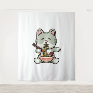 Cute cat eating soba noodles cartoon icon illustra tapestry