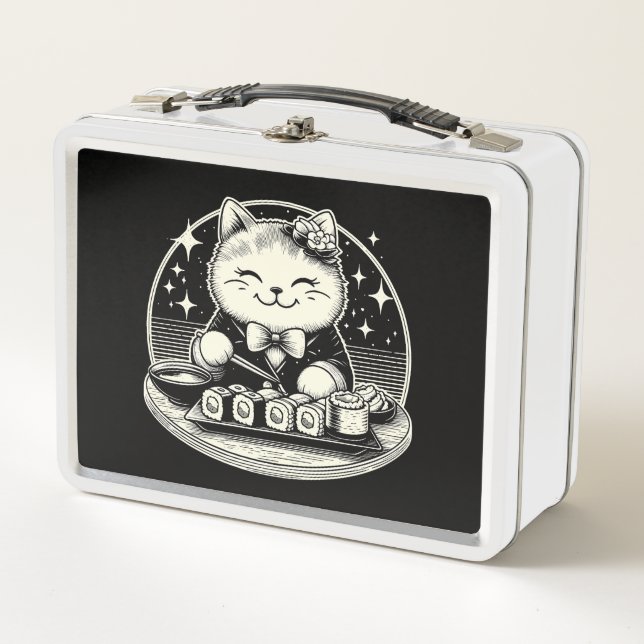 Cute Cat Eating Sushi Japanese Kawaii Metal Lunch Box (Front)
