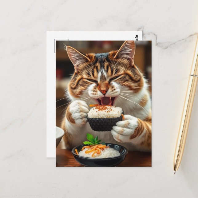 Cute Cat Eating Sushi Roll Postcard (Front/Back In Situ)