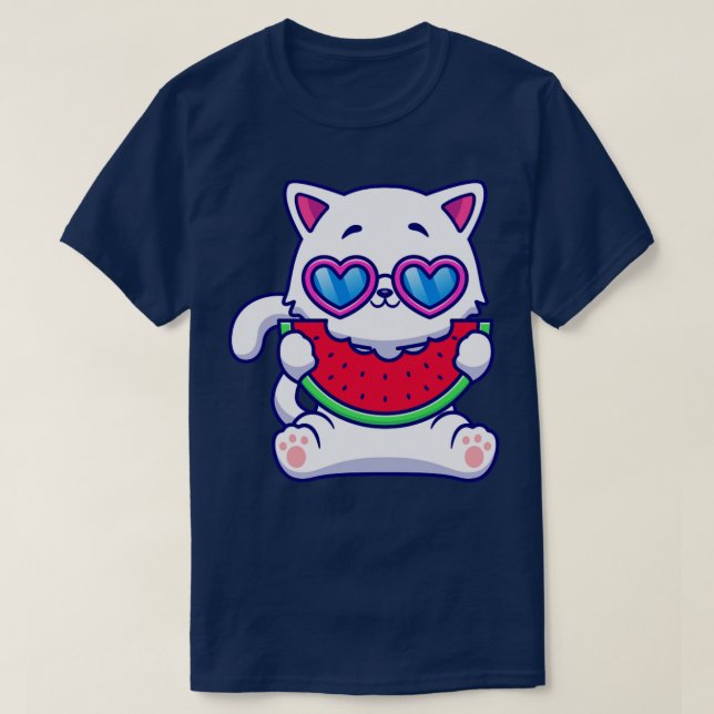 Cute Cat Eating Watermelon Fruit Cartoon T-Shirt (Design Front)