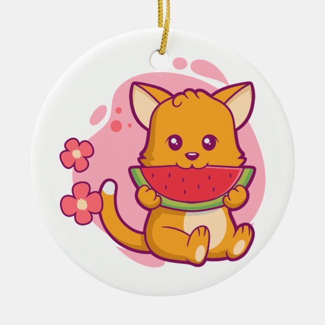 Cute Cat Eating Watermelon | Kawaii Ceramic Tree Decoration (Front)